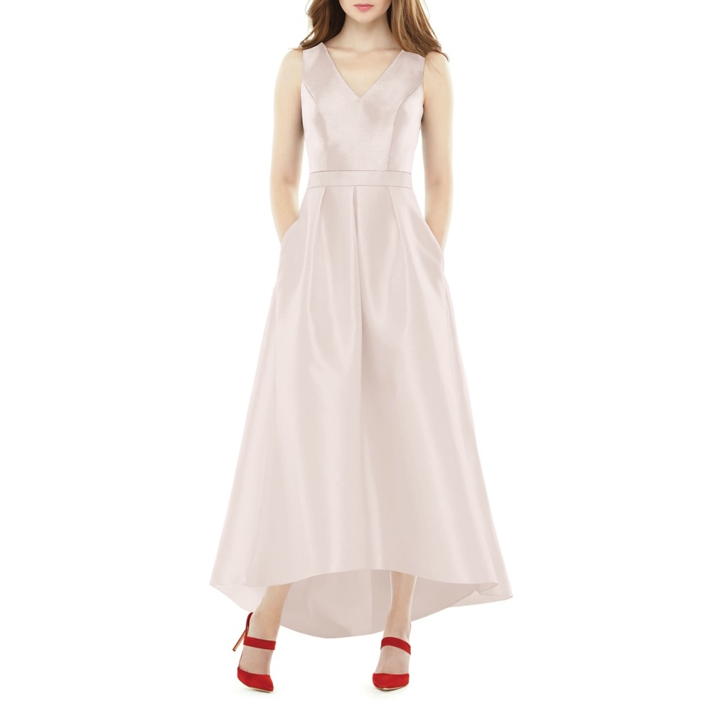 Alfred Sung D723S High Low V-Neck Pleated Skirt Satin Gown